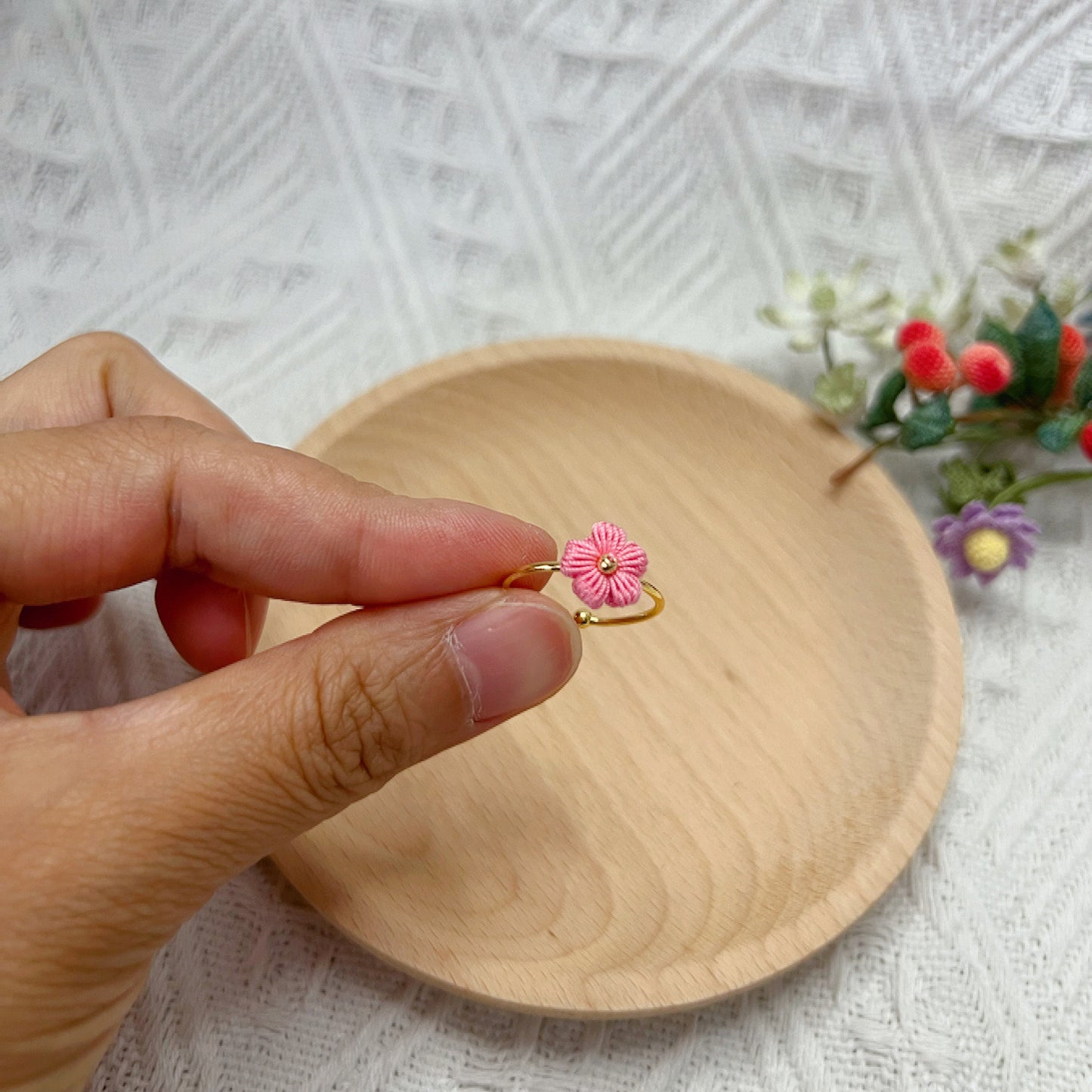 Mini Crochet Puff Flower Ring Dark Pink