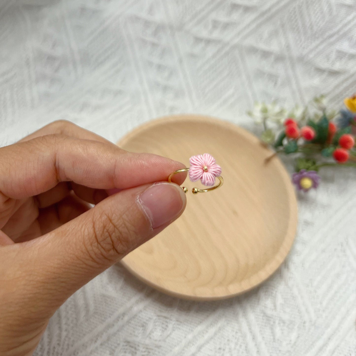 Mini Crochet Puff Flower Ring Light Pink