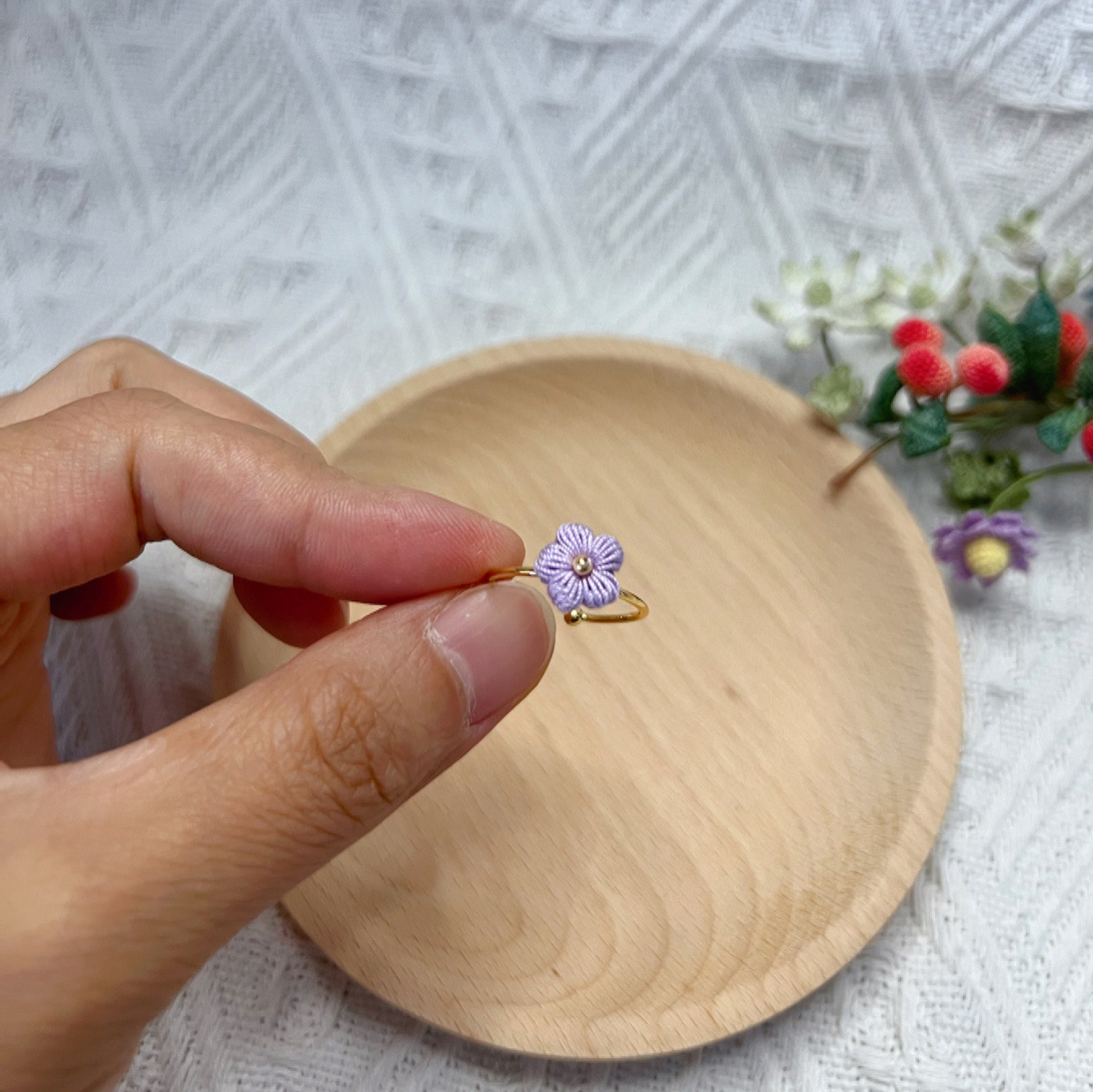 Mini Crochet Puff Flower Ring Light Purple