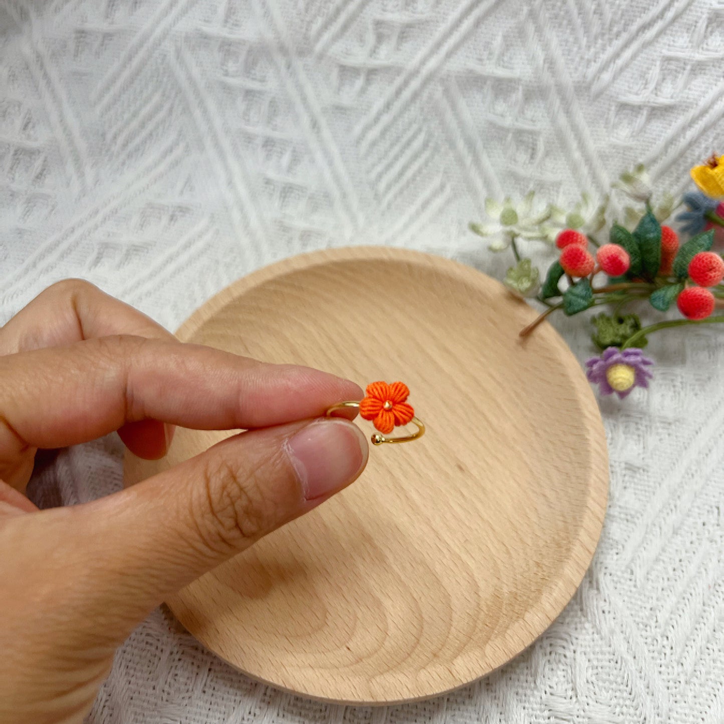 Mini Crochet Puff Flower Ring Orange