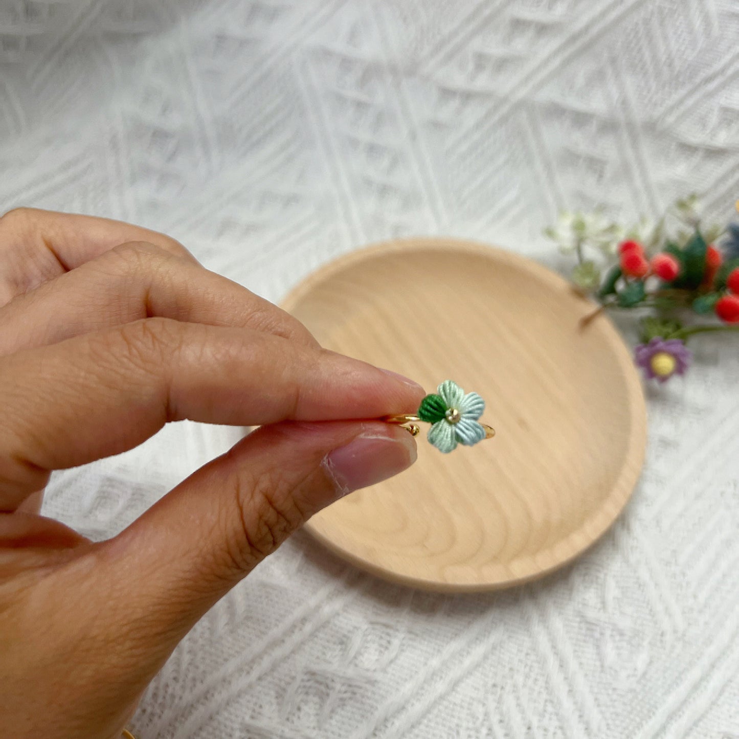 Mini Crochet Puff Flower Ring Space Dyed Blue