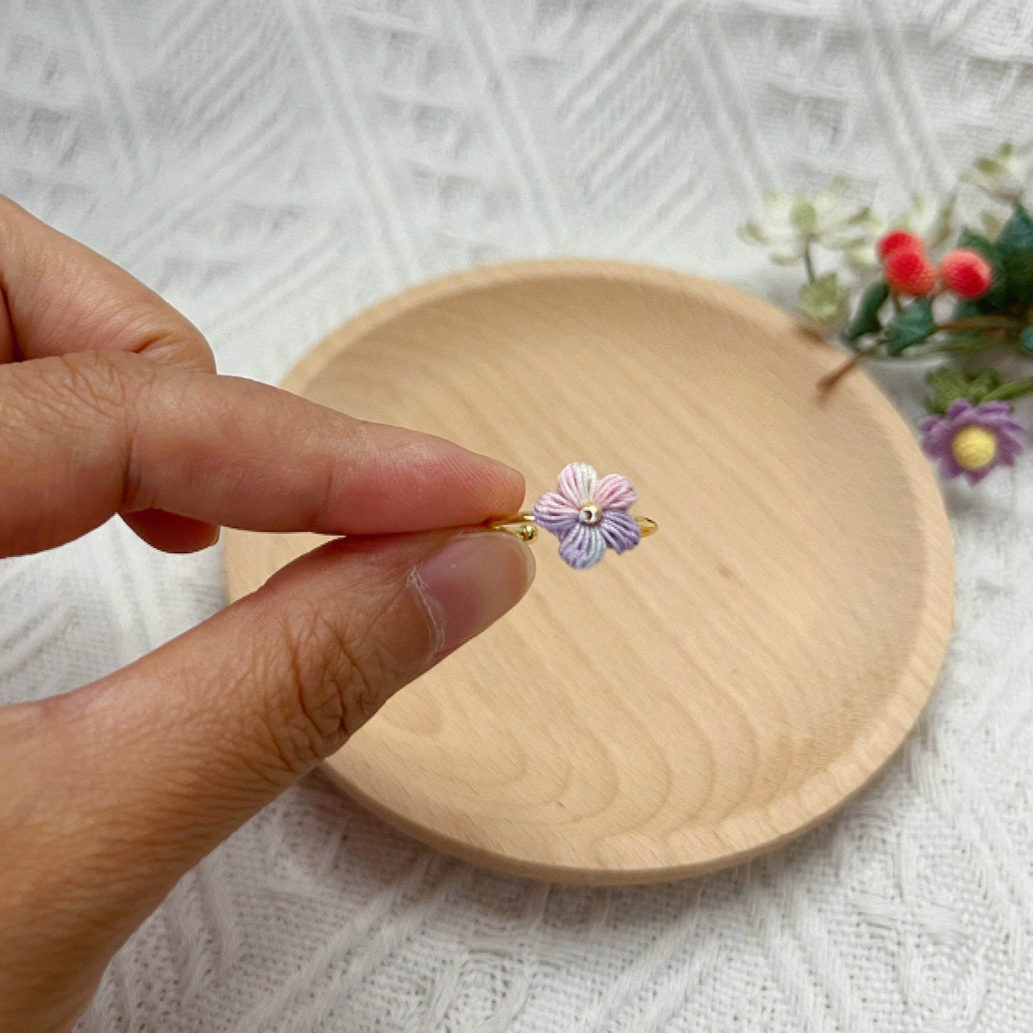 Mini Crochet Puff Flower Ring Space Dyed Purple Blue