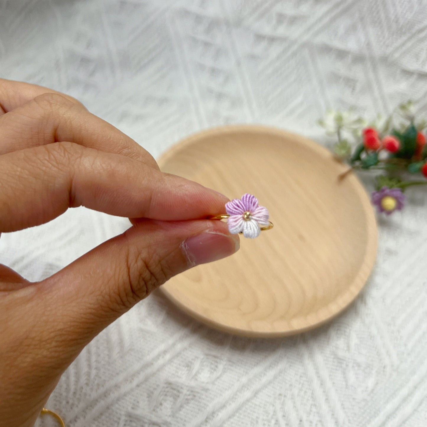 Mini Crochet Puff Flower Ring Space Dyed Purple