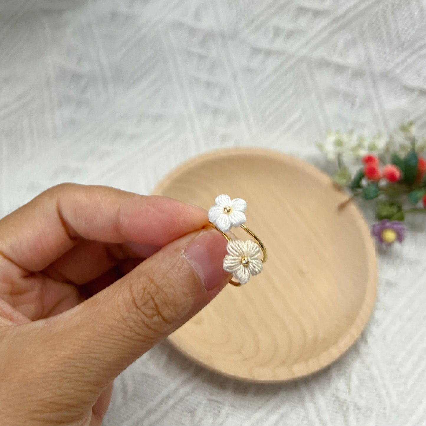 Mini Crochet Puff Flower Ring White Creamy White