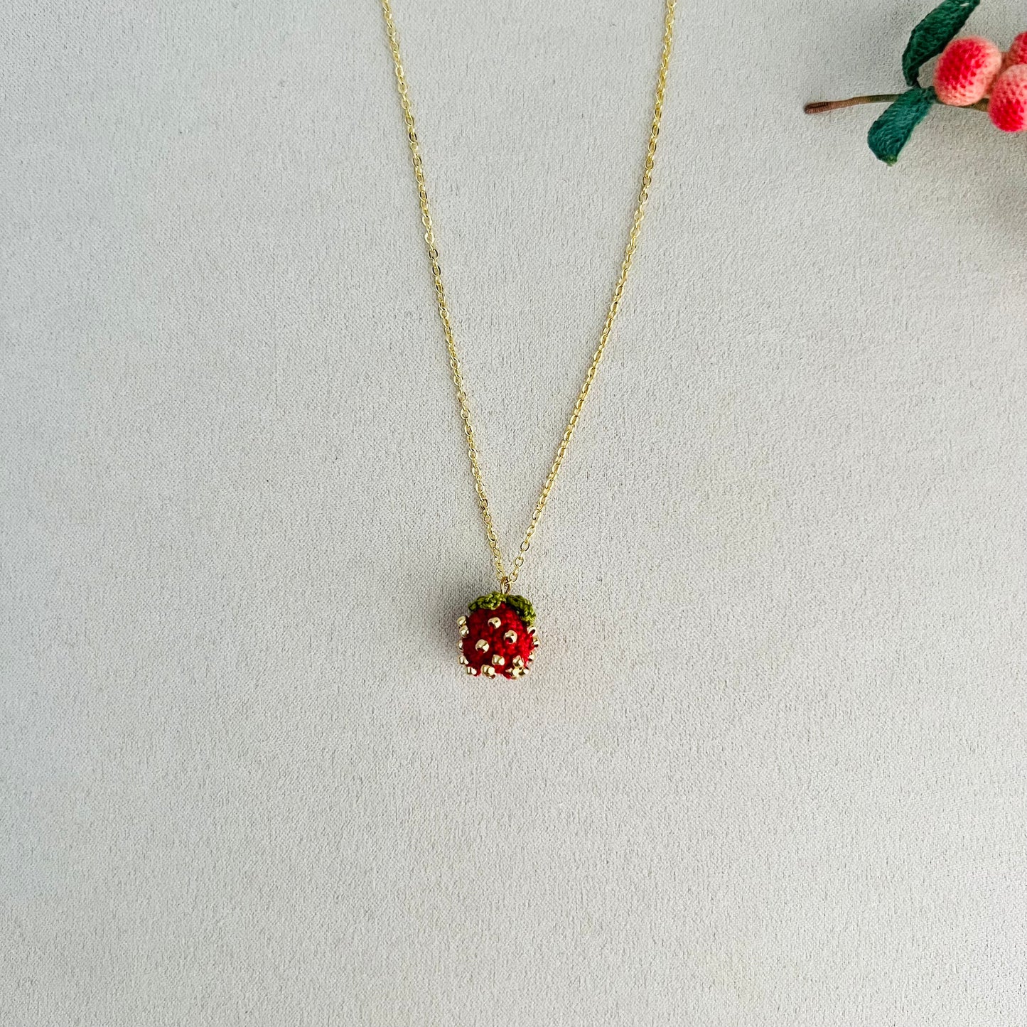 Strawberry Necklace | Crochet Strawberry Necklace | Handmade Fruit Jewelry